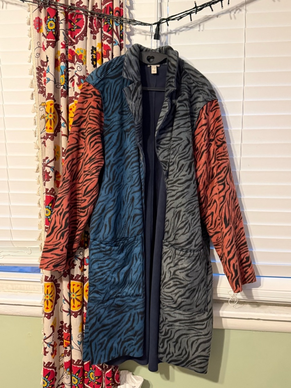LOGO by Lori Goldstein Colorblock Zebra-Print Long Coat in Blue, Gray & Rust